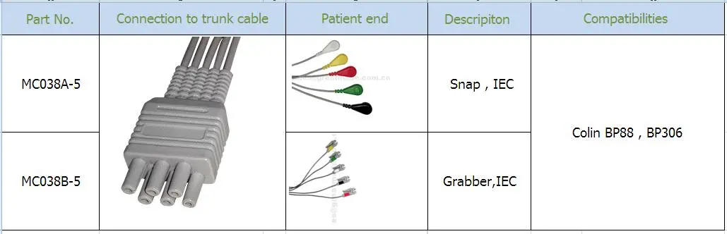 Conjunto de cabos de IEC ECG Grabber compatível com Colin de 5 derivações Grupo 40in e 6PIN