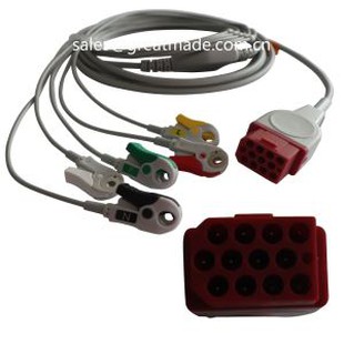 Bionet compatível BM3 BM5 cabo de uma parte ECG com Leadwires, AHA, 5-Lead, pressão, 12pin vermelho